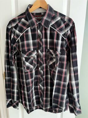 Rock & Roll Cowboy Black Plaid Snap-Front Western Shirt Men’s Large
